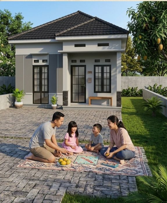 Keluarga di depan rumah baru — PT. Cahaya Sakofa Mulia